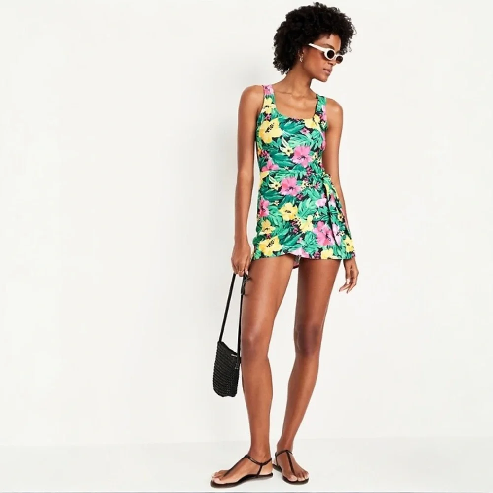 Old Navy Tropical Floral One-Piece Swim Dress in Green, Pink & Yellow